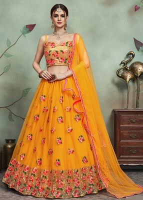 MUSTARD YELLOW THREAD AND SEQUINS EMBROIDERED NET SEMI STITCHED