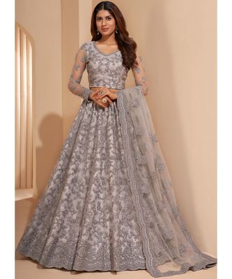 Grey Net Embellished Gown Design by Jigar Mali at Pernia's Pop Up Shop 2024